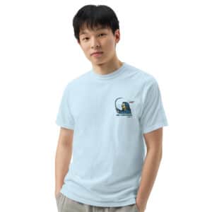 Obi Pompanobi Surf Casting on Chambray color T-shirt