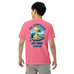 Obi Pompanobi "surf fishing life" design Crunchberry color t-shirt