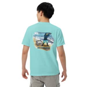 Man wearing Obi Pompanobi Fishing Beach Scene Design Lagoon Blue color T-shirt