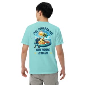 Obi Pompanobi "surf fishing life" design Lagoon Blue color t-shirt
