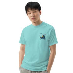 Man wearing Obi Pompanobi Fishing Beach Scene Design Lagoon Blue color T-shirt