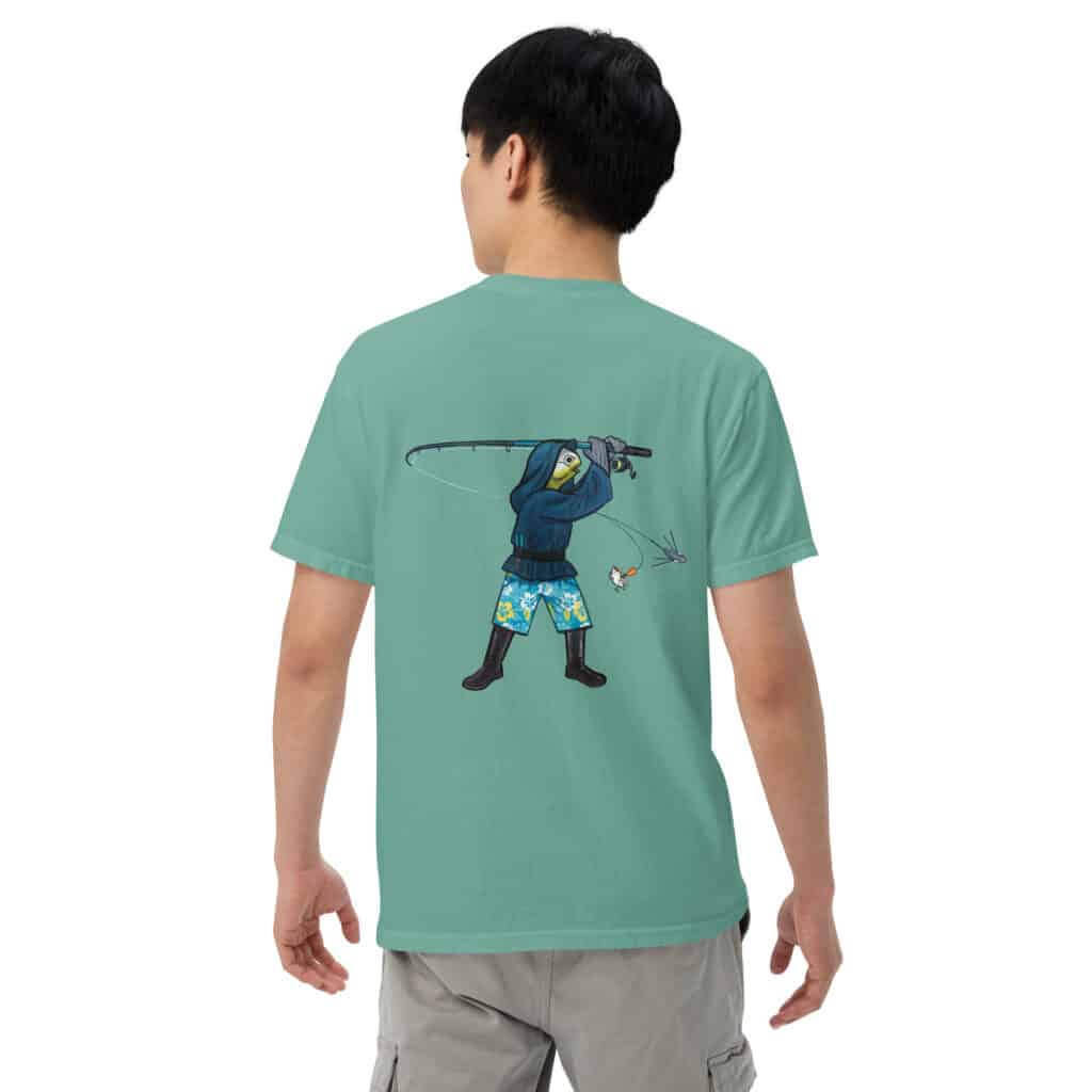 Obi Pompanobi Surf Casting on Seafoam color T-shirt