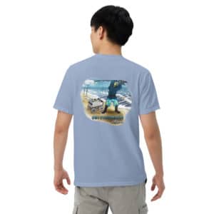 Man wearing Obi Pompanobi Fishing Beach Scene Design Washed Denim color T-shirt