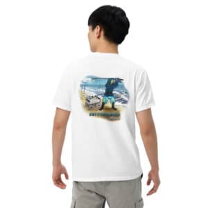 Man wearing Obi Pompanobi Fishing Beach Scene Design White color T-shirt