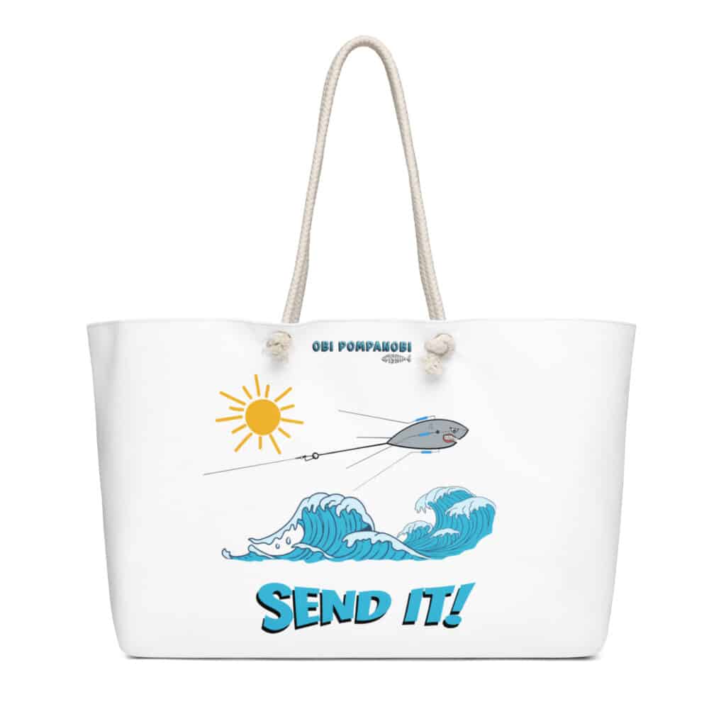 White weekender beach bag with Sputnik Send It! Design