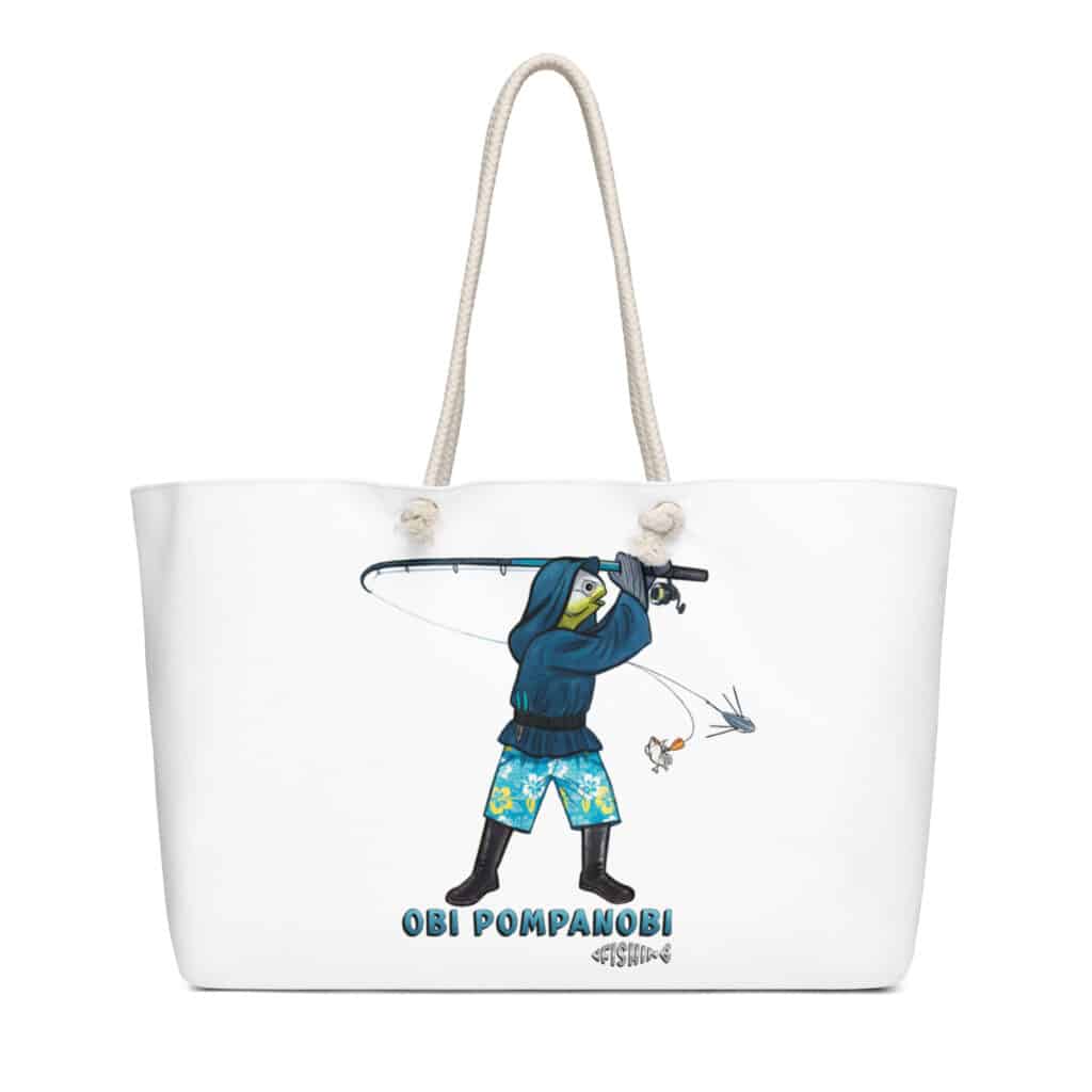 White weekender beach bag with Obi Surf Casting Design